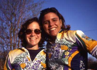 Misty Garner & Caren Chaika model this year's nicely designed Wildflower Jersey prior to embarking on their ride.