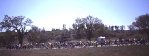 Riders backed up along Shell Creek Road, waiting for a break in filming.